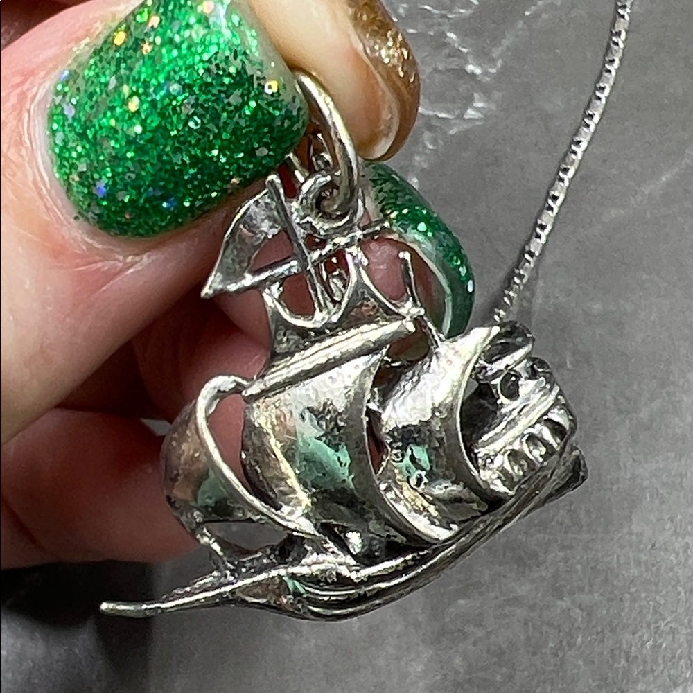 Sterling Silver Pirate Ship Nautical Pendant Necklace - Picture 5 of 14